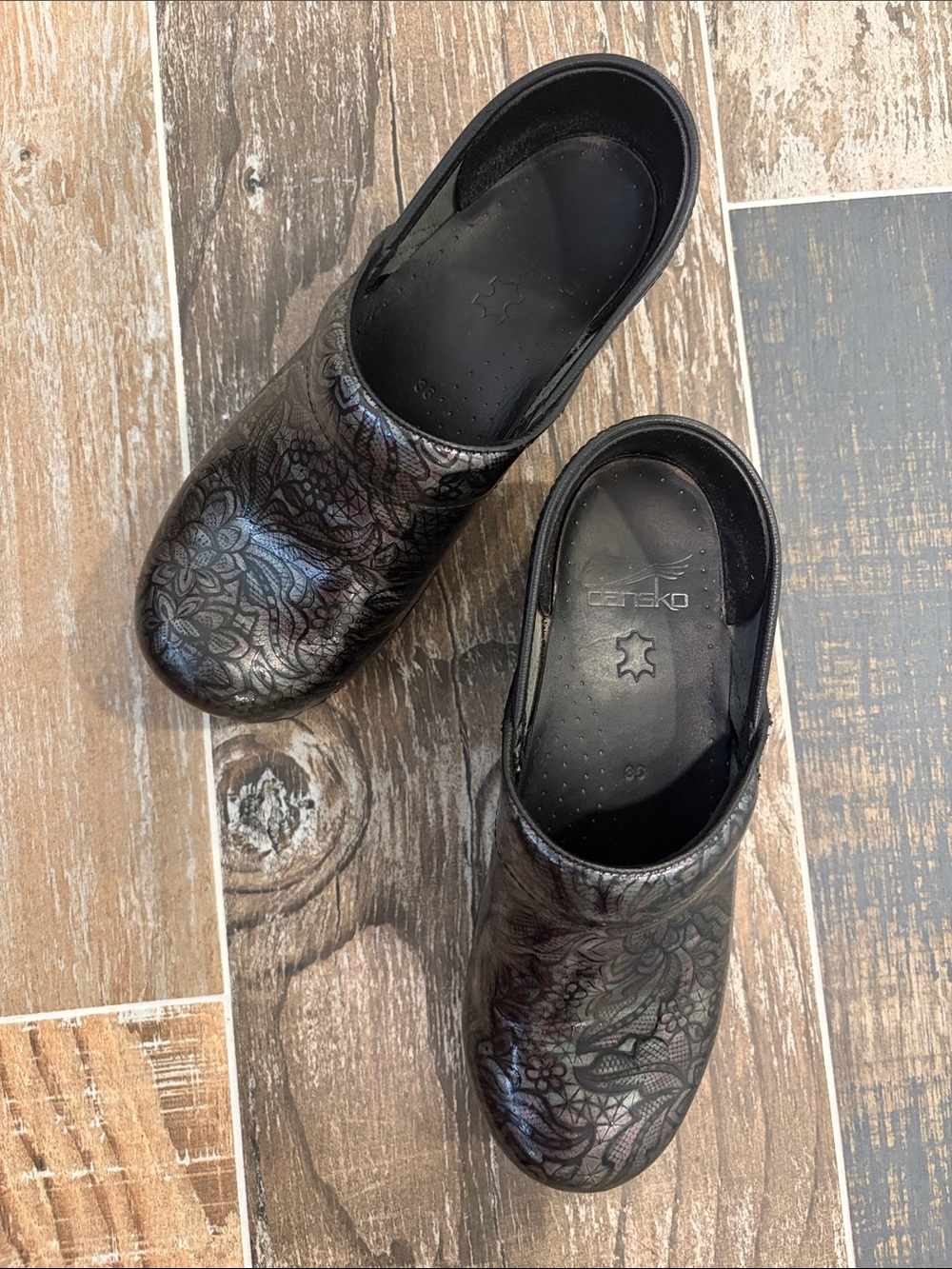 Dansko Iridescent Black Floral Slip-On Clogs